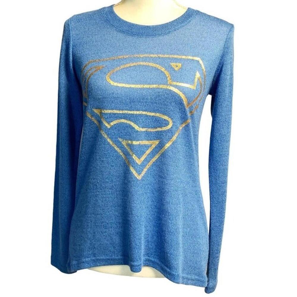 Superman DC Comics Sweater Women's Long Sleeve‎ Pullover Knit Blue Top Med Logo